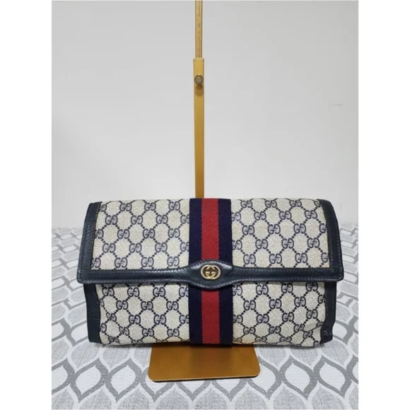 Authentic Gucci Vintage GG Sherry Line PVC Leather Clutch Beige/Navy Blue - Picture 13 of 14